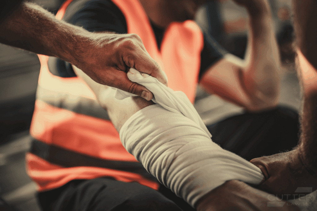 Close up of person resting hand on bandaged burn victims arm.
