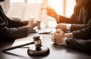 Lawyers discussing with a gavel in the foreground