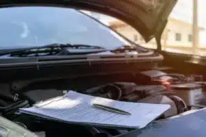 Paperwork on top of car engine