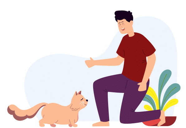 A person on one knee, smiling and giving a thumbs up to a cat