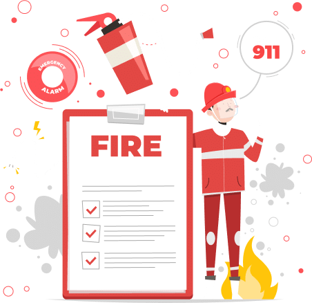 A male firefighter standing next to a large clipboard with the word "FIRE" written at the top, a speech bubble with "CALL 911" at the top right