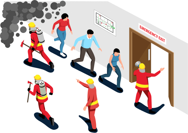 People running toward an open door labeled "EMERGENCY EXIT," with four firefighters around them