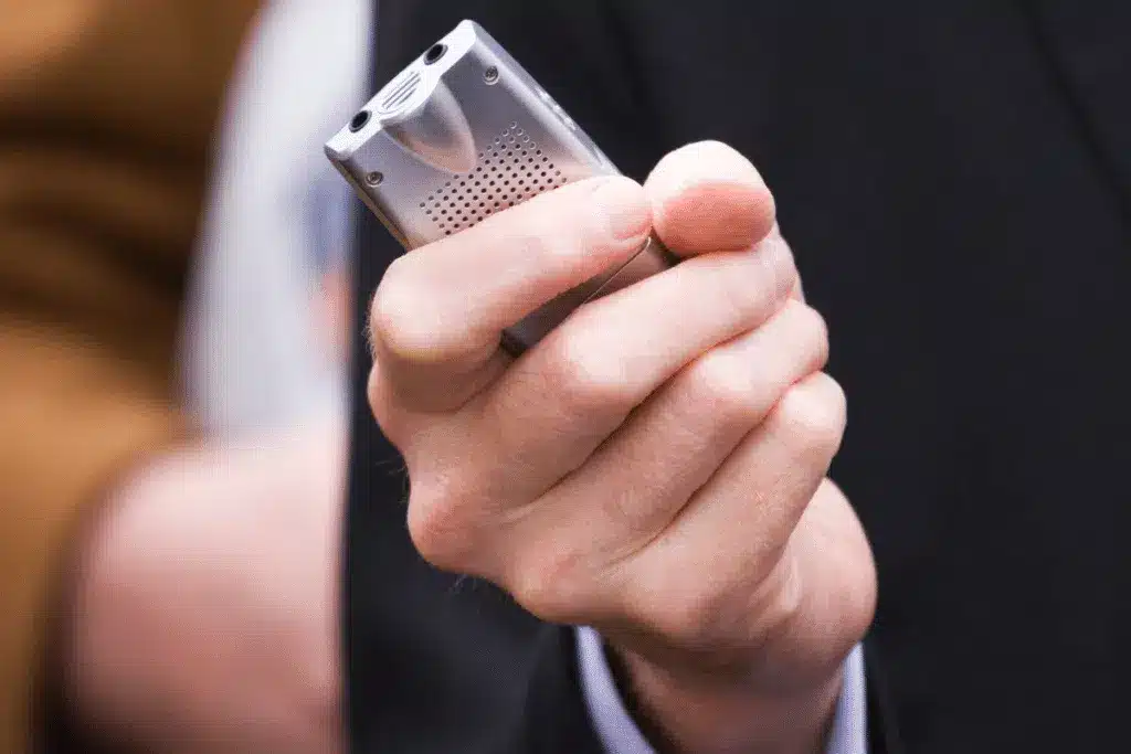 Closeup of hand holding a recording device