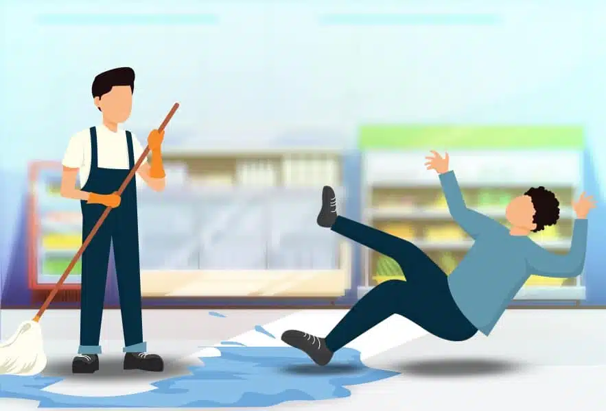 Graphic of man slipping on wet floor in grocery store