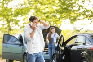 Man on phone with a car crash behind him