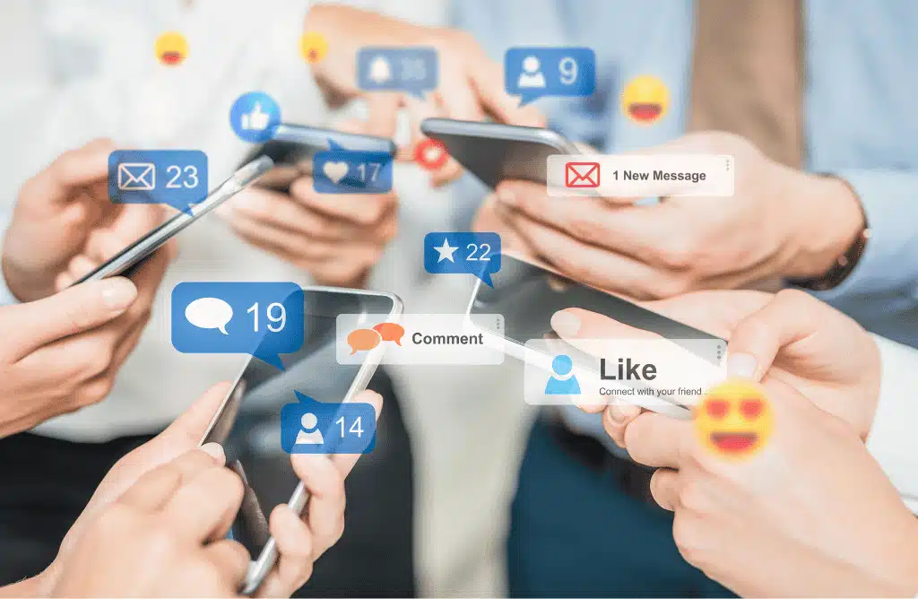 Hands holding smartphones and chatting on social media