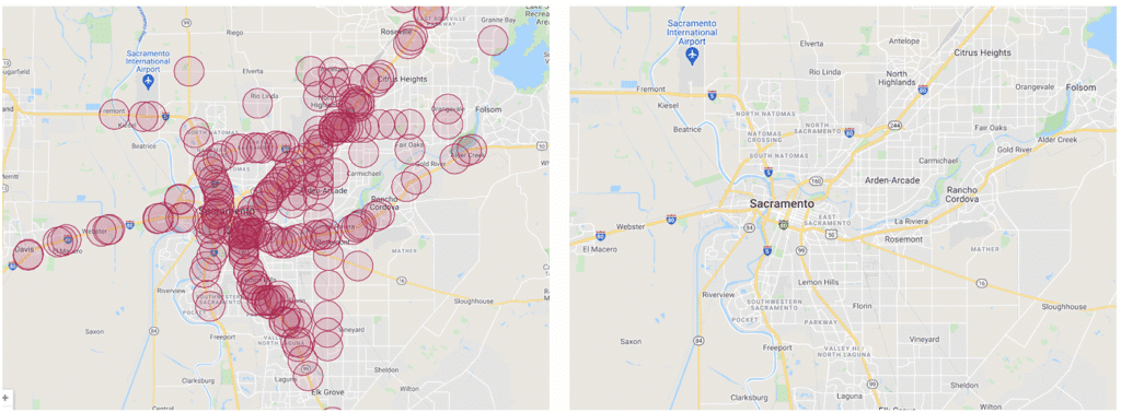 A side by side image of Sacramento with and without hotspot indicators