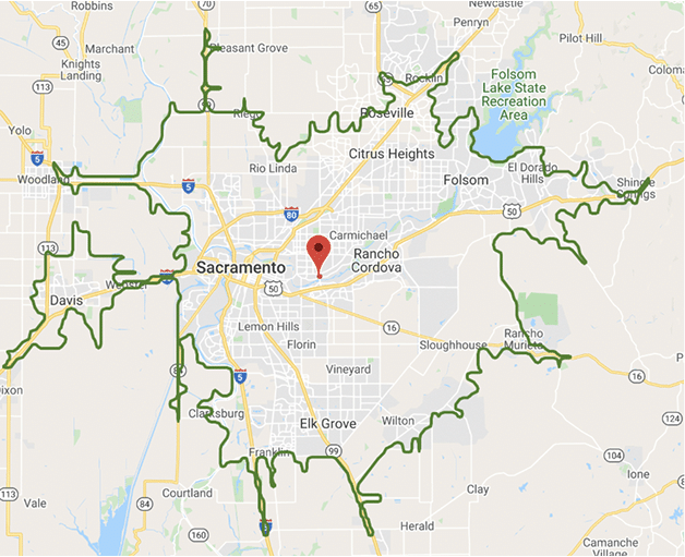 A screenshot of a Google Map showing a red pin located in the center of Sacramento, California