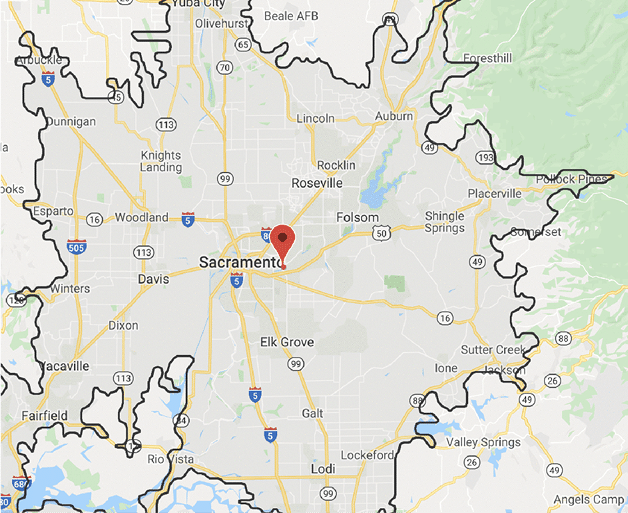A screenshot of a Google Map with a red pin centered on the city of Sacramento, California