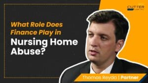 Thomas headshot next to thumbnail text "What Role Does Finance Play in Nursing Home Abuse?"