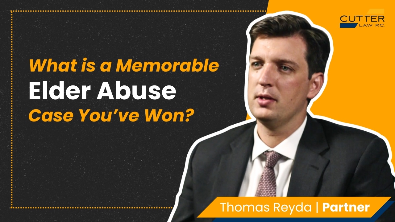 Thomas headshot next to thumbnail text "What is a Memorable Elder Abuse Case You've Won?"