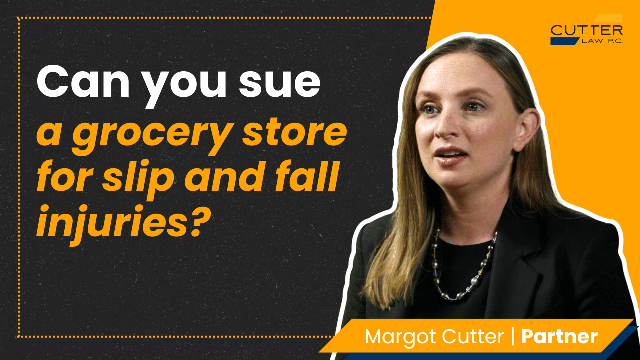 Margot Cutter headshot next to thumbnail text: can you sue a grocery store for slip and fall injuries