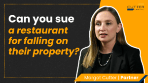 Margot Cutter headshot next to thumbnail text: Can You Sue a Restaurant for Falling on Its Property?