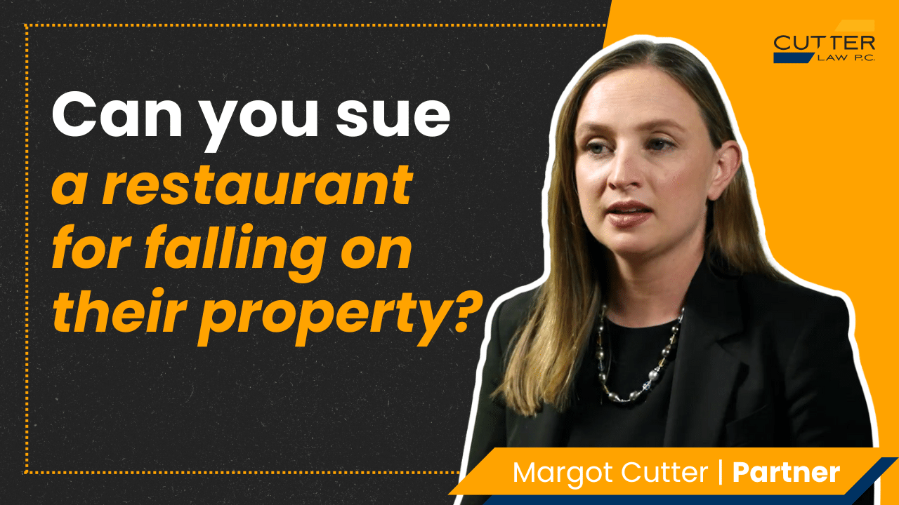 Margot Cutter headshot next to thumbnail text: Can You Sue a Restaurant for Falling on Its Property?