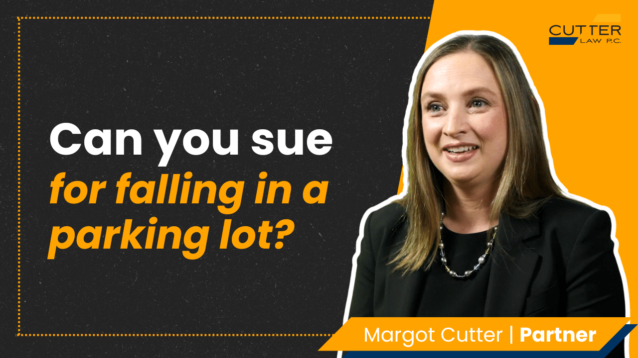 Margot Cutter headshot next to thumbnail text: Can You Sue for Falling in a Parking Lot?