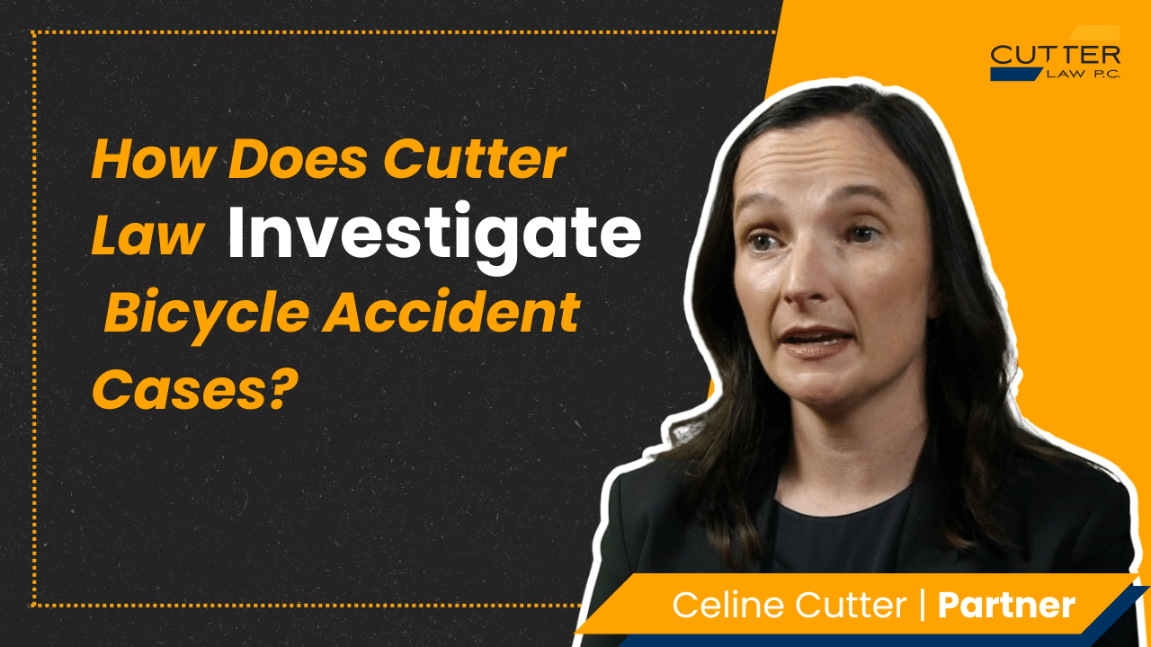 Celine Cutter headshot next to thumbnail text: How Does Cutter Law Investigate Bicycle Accident Cases?