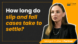 Margot headshot next to thumbnail text; How Long Do Slip and Fall Cases Take to Settle?