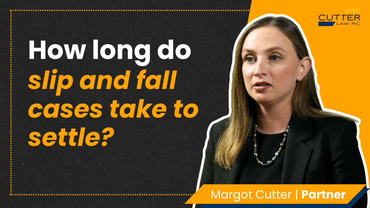 Margot headshot next to thumbnail text; How Long Do Slip and Fall Cases Take to Settle?