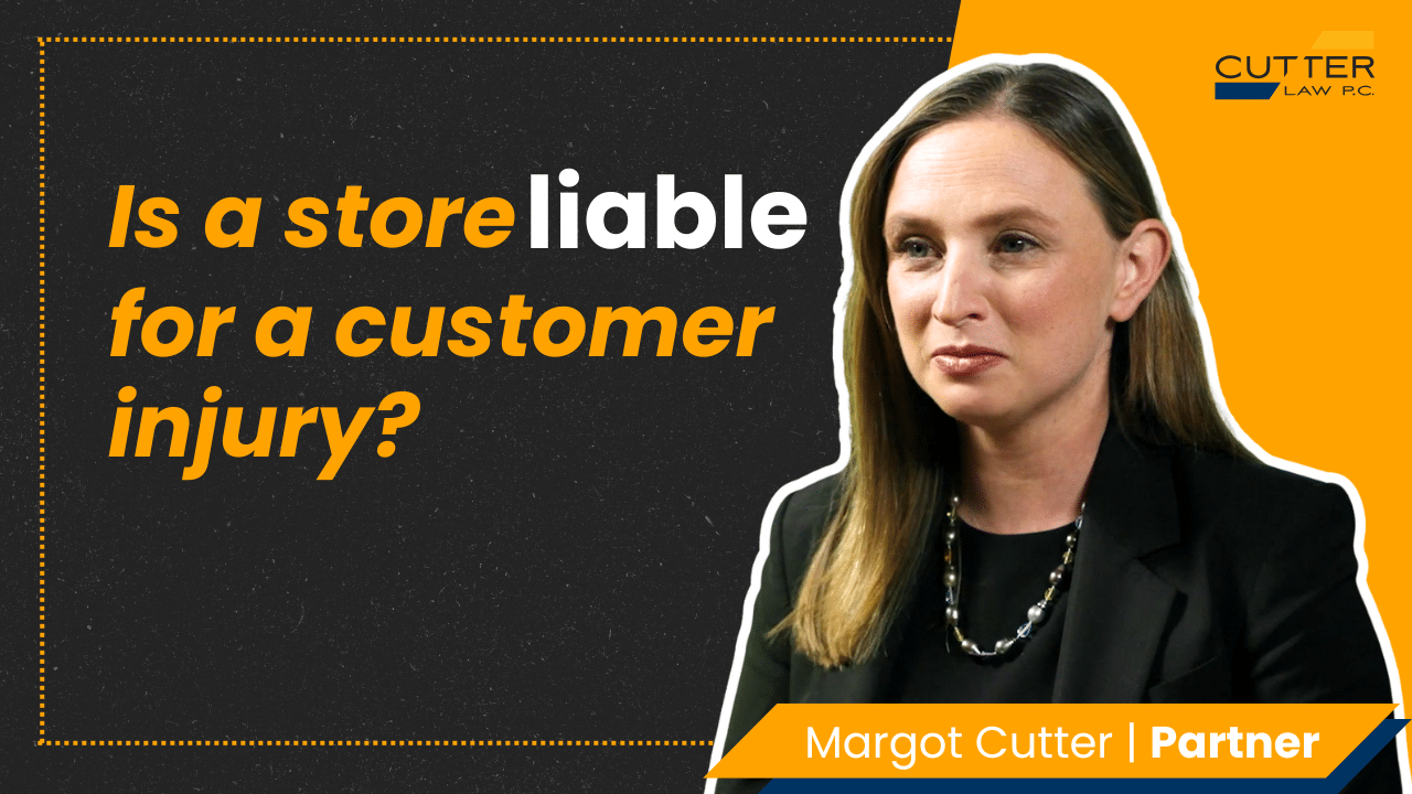 Margot Cutter headshot next to thumbnail text: Is a Store Liable for Customer Injuries?