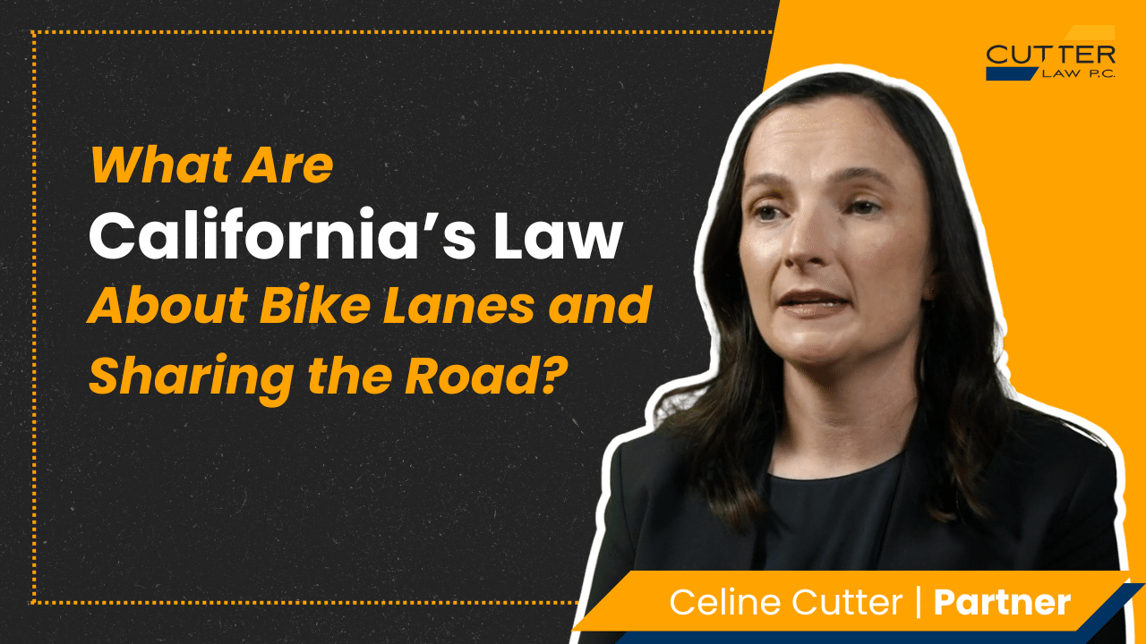 Celine Cutter headshot next to thumbnail text: California's Laws on Bike Lanes & Sharing the Road