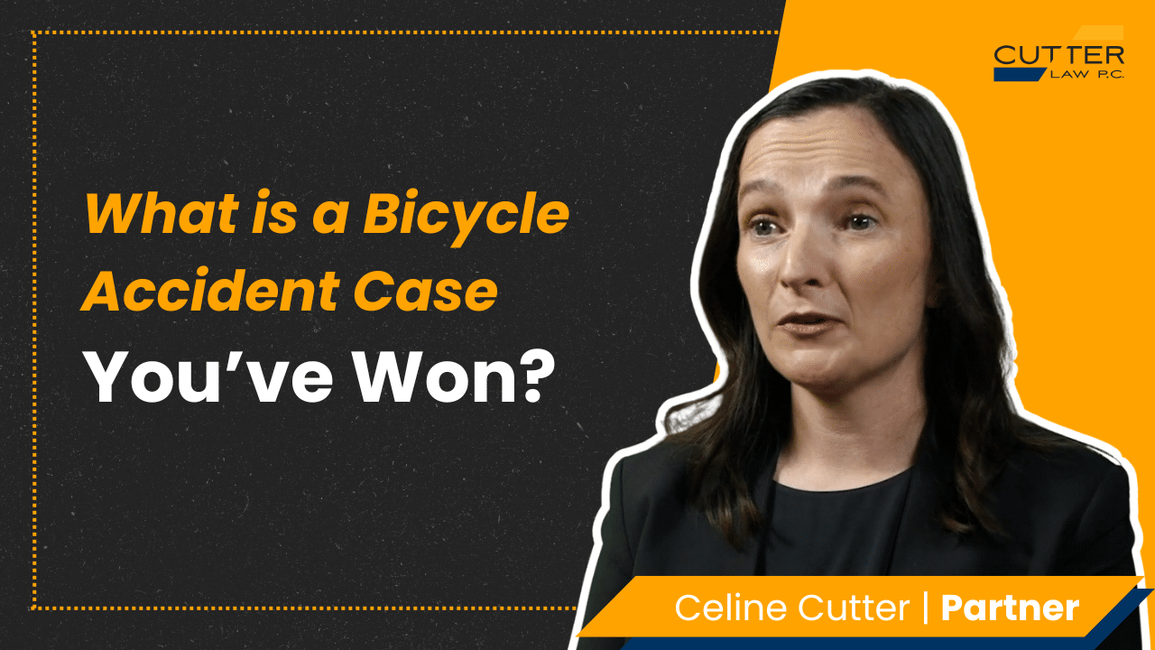 Celine Cutter headshot next to thumbnail text: How We Won a Bicycle Accident Case | Cutter Law Success Story