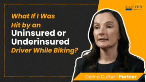 Celine Cutter headshot next to thumbnail text: What Happens If I am hit by an Uninsured or Underinsured Driver While Biking? Cutter Law Explains
