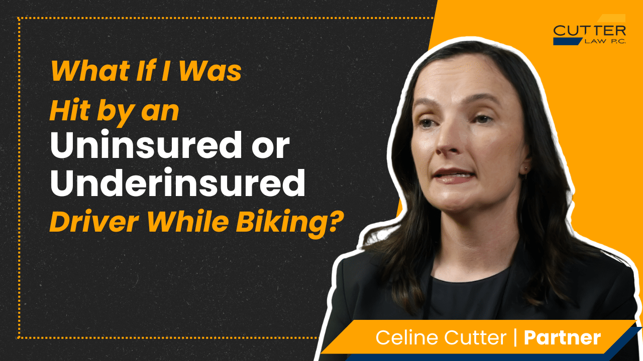 Celine Cutter headshot next to thumbnail text: What Happens If I am hit by an Uninsured or Underinsured Driver While Biking? Cutter Law Explains