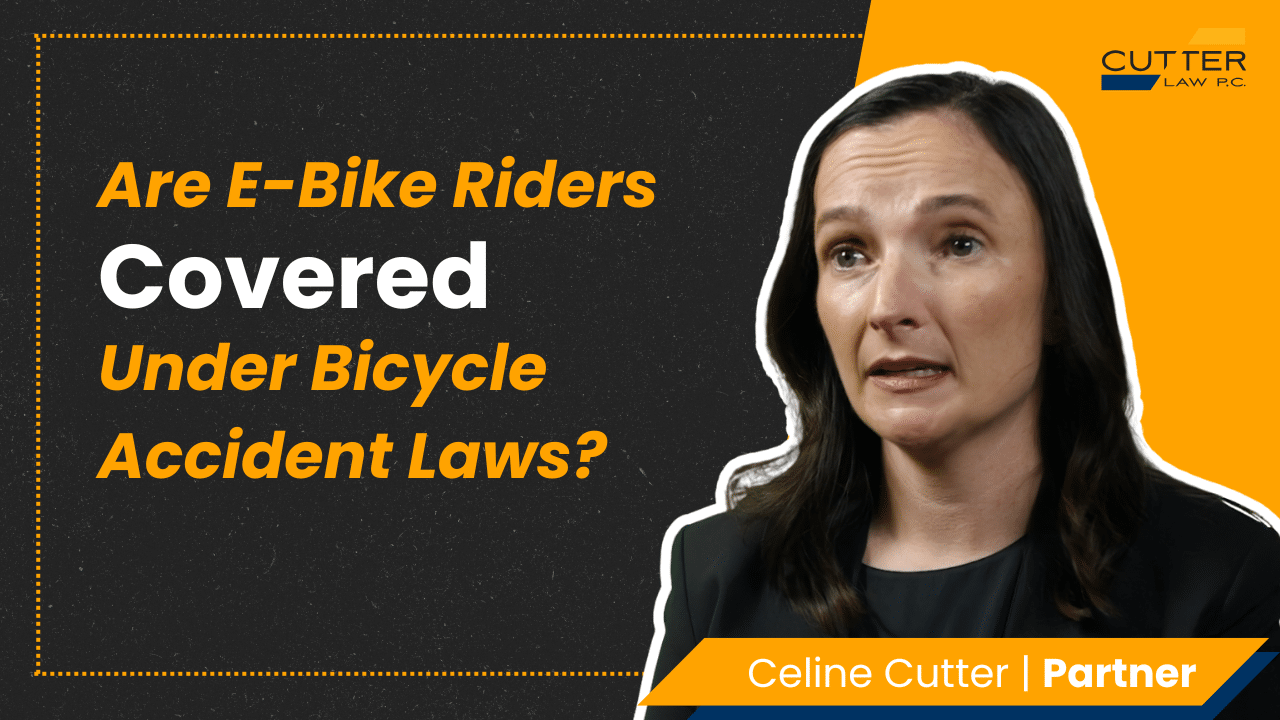 Celine Cutter headshot next to thumbnail text: Are E-Bike Riders Covered Under Bicycle Accident Laws in California? Cutter Law Explains