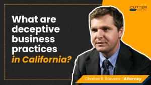 Charles Stevens headshot next to thumbnail text 'what are deceptive business practices in california'