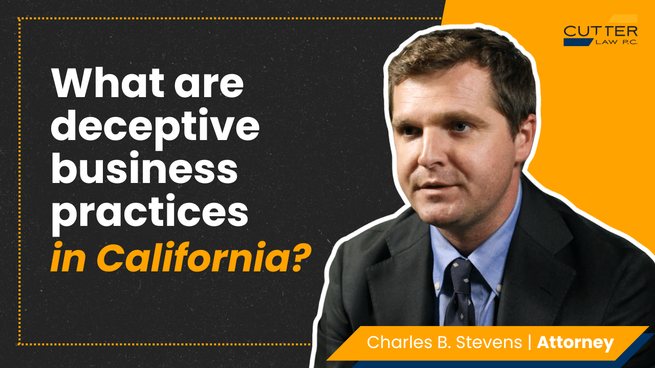 Charles Stevens headshot next to thumbnail text 'what are deceptive business practices in california'