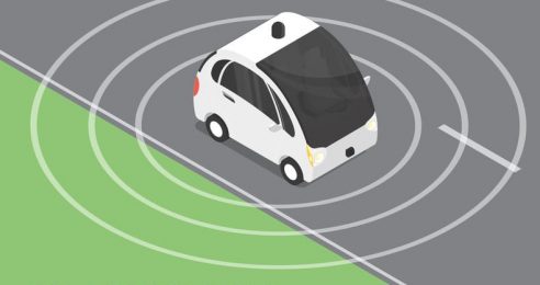 Self-driving car flat isometric illustration of intelligent controlled driverless car on the road upper view